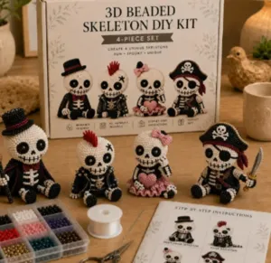 3D beaded skeleton DIY kit four piece set handmade craft toy funny spooky unique gift