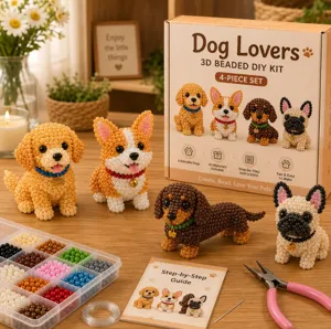 3D beaded DIY dog kit set handmade craft gift with colorful beads tools and cute pet figurines