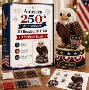 Detailed view of 3D beaded DIY kit components, colorful beads, instruction card and tools.