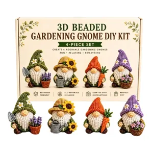 3D beaded gardening gnome DIY kit, 4-piece handmade beaded dwarf figurines set for home decor.