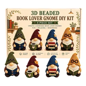 3D Beaded Book Lover Gnome DIY Kit 4-Piece Set Handmade Craft Beaded Figurine Home Decor