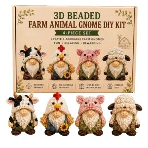 3D beaded farm animal gnome DIY kit, handmade craft set with 4 cute figures for beginners.