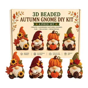 Detailed view of the 3D beaded autumn gnome DIY kit, featuring four handmade gnome figures.
