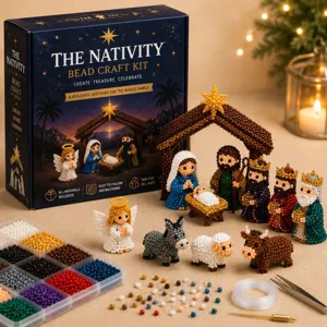 Detailed view of 3D Nativity bead craft kit with colorful beads, tools and finished figurines.