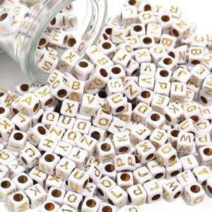 Acrylic white square alphabet beads with gold letters for DIY jewelry making bracelets.