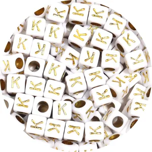 White acrylic square beads with gold letter K for DIY handmade bracelet jewelry making.