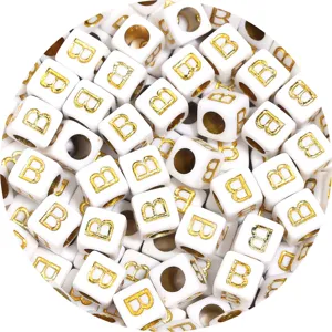 White acrylic square beads with gold letter B for DIY handmade jewelry bracelets and crafts.