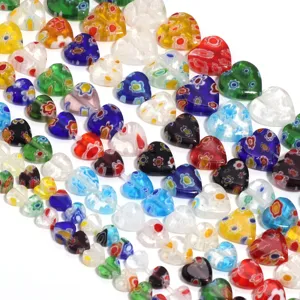Colorful millefiori glass heart beads for DIY charm bracelets and fashion jewelry making.