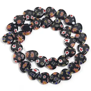 Black millefiori glass heart beads colorful floral spacer beads for DIY jewelry making