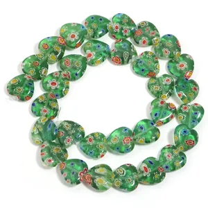 Green heart millefiori glass beads for diy charm bracelets jewelry making craft supplies.
