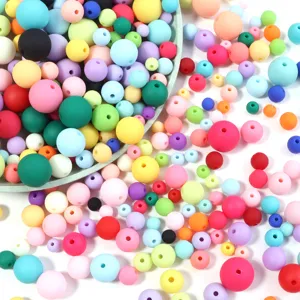 Colorful acrylic rubber paint round beads for DIY jewelry making, 6-16mm craft supplies.