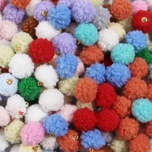Fuzzy teddy fur pom pom pendant details, colorful fluffy craft charms for DIY jewelry making.