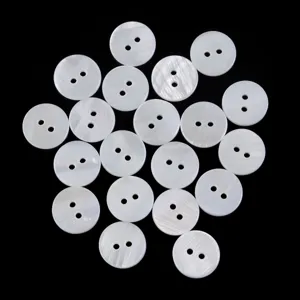 Detail shot of natural white mother of pearl two-hole round buttons for shirts and knitwear.