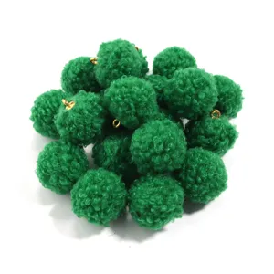 Green fuzzy pom pom pendants with loops, fluffy teddy fur charms for DIY handmade earrings bags.