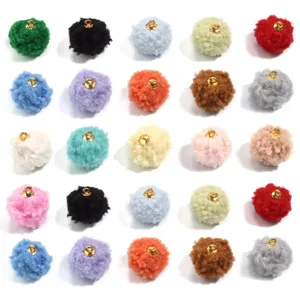 20mm fuzzy pom pom pendants with gold loops, colorful DIY craft charms for earrings and bags.