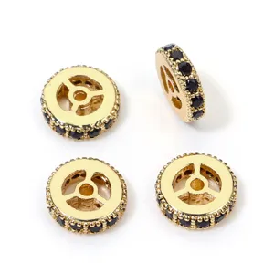 18k gold plated wheel spacer beads with black cubic zirconia for DIY jewelry making accessories