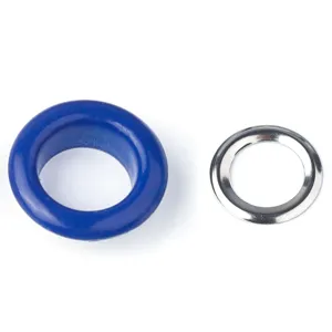 Blue metal eyelet grommet and washer detail shot for clothing and bag hardware decoration.