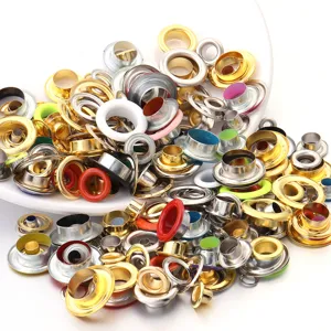 Colorful metal eyelets and washers set for DIY crafts, shoes, and bags decoration details.