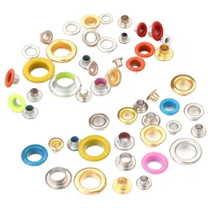 Colorful metal eyelets and grommets assortment set with washers for clothing and bags.