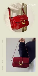 Vintage patent leather shoulder bag with chic horseshoe buckle, stylish wine red design.