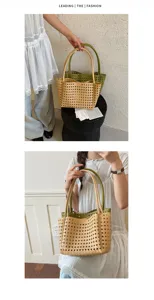 Woven tote bag for women stylish hollow shoulder handbag casual candy color summer bag