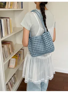 Candy color woven leather shoulder tote bag detail view showing hollow design and style.