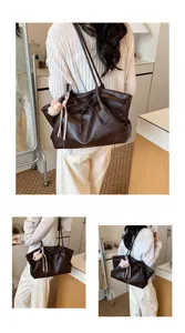 Brown soft leather tote bag for women, large capacity shoulder bag with cute bear charm detail.