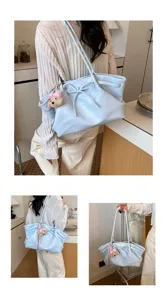 Korean style PU leather tote bag with cute bear pendant and bow detail, large capacity shoulder bag.