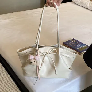 Korean style retro fashion tote bag for women, large capacity casual shoulder bag with bow.