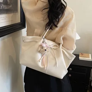 Women's Large Capacity PU Leather Tote Bag Korean Retro Casual Shoulder Handbag With Bowknot And Cute Pendant