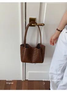 Brown woven leather shoulder tote bag casual chic elegant ladies handbag for daily wear style