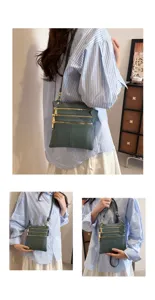 Detailed view of the women leather crossbody shoulder bag showing multi-zipper compartments.