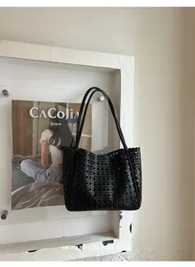 Black woven shoulder tote bag for women chic minimalist PU leather underarm handbag 2026