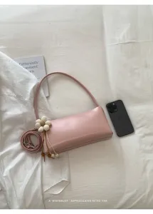 Pink PU Leather Shoulder Bag Retro Underarm Bag with Flower Pendant Chic Handbag