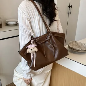 Korean style brown tote bag large capacity shoulder handbag with cute bow and puppy charm.