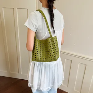 Green woven shoulder bag women's candy color stylish cutout tote hobo handbag 2026 new