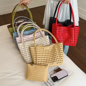Candy color woven tote bag for women, stylish hollow shoulder handbag and casual daily purse.