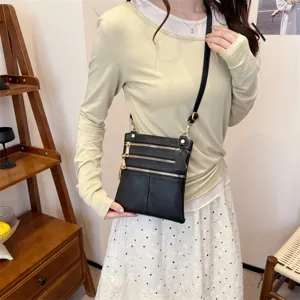 Women fashion multi-zipper leather crossbody bag casual shoulder mobile phone bag for daily use.