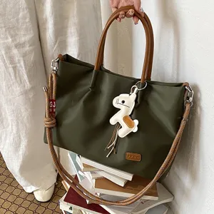 Sac cabas en nylon vert foncé avec poignées marron, sac bandoulière décontracté.