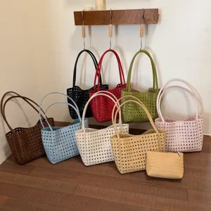 Candy color hollow woven tote bag, stylish casual shoulder bag for women daily use.