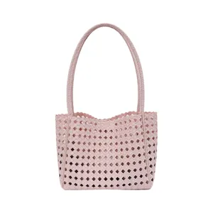 Pink woven cutout tote bag, stylish candy color shoulder handbag for women daily wear.