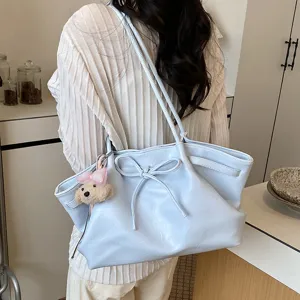 Korean style light blue tote bag for women, large capacity shoulder bag with cute bow.