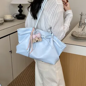 Light blue shoulder tote bag large capacity soft leather casual daily commute handbag