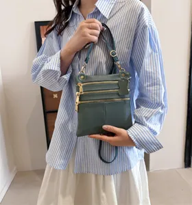 Women leather crossbody bag dark green multi zipper messenger shoulder bag fashion daily use.