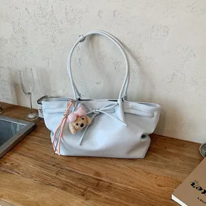 Light blue tote bag for women, large capacity shoulder bag with cute plush bear charm.