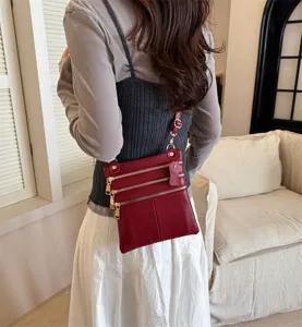 Women Red Leather Crossbody Bag Multi Zipper Shoulder Phone Bag Casual Daily Chic Style