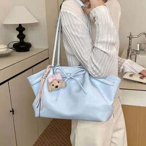Korean style women large capacity shoulder tote bag light blue PU leather handbag daily use