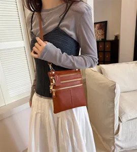 Women brown leather crossbody shoulder bag multi zipper phone bag casual daily use