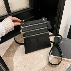 Women black leather crossbody bag multi zipper casual shoulder bag daily fashion handbag