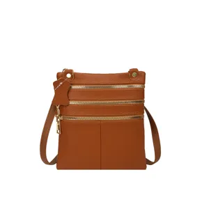 Brown leather crossbody bag for women, multi-zipper pocket shoulder bag and phone purse.